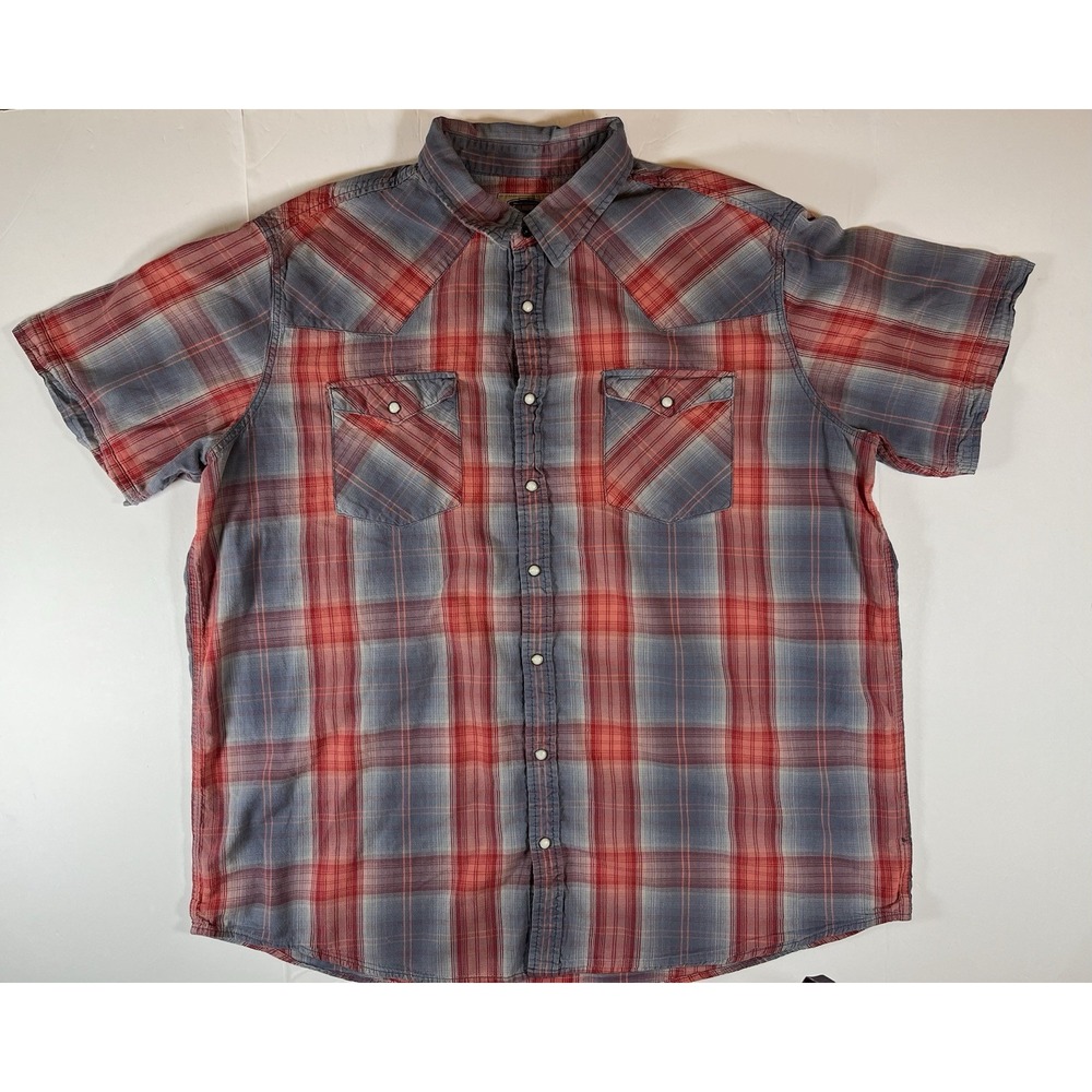 Foundry Men's‎ 2XLT Red Blue Plaid Short Sleeve Shirt Pearl Snap Button Down